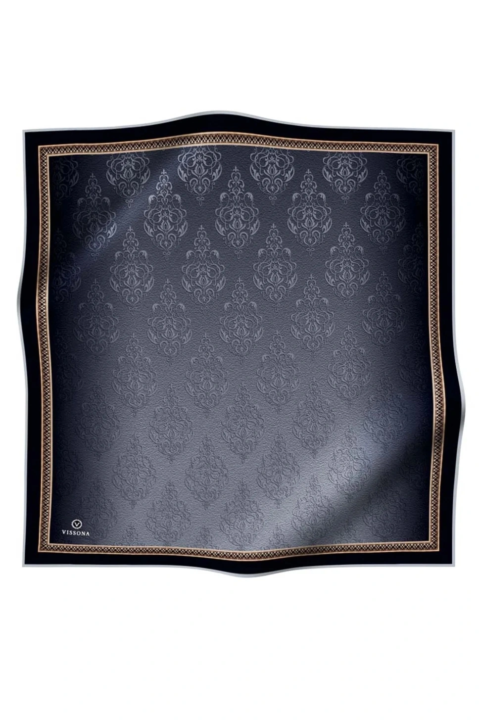 Vissona Twill İpek Eşarp Siyah, Gümüş, Barok Desenli