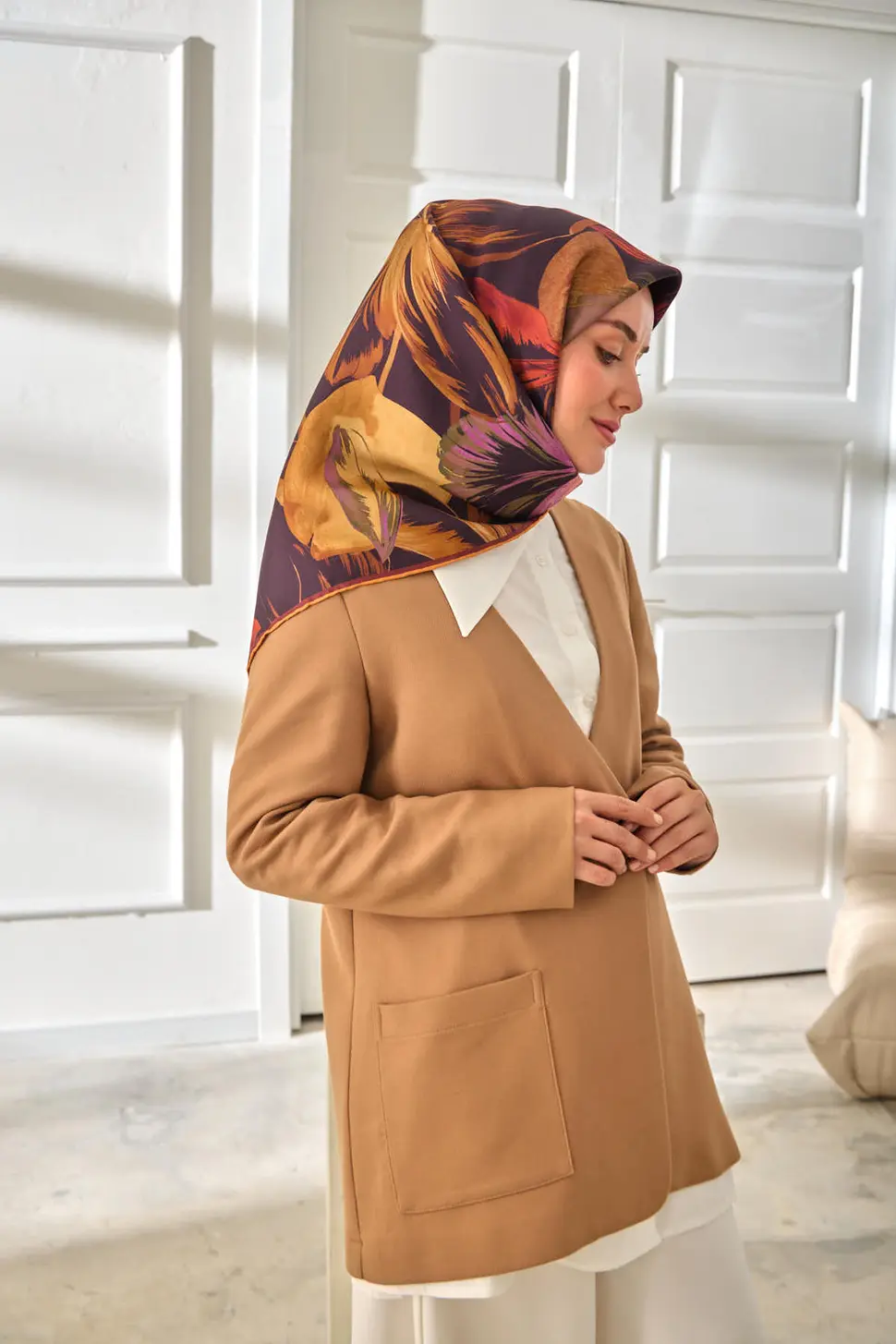 Silk Home Twill İpek Eşarp 11480-41 Patlıcan Moru, Taba, Lila