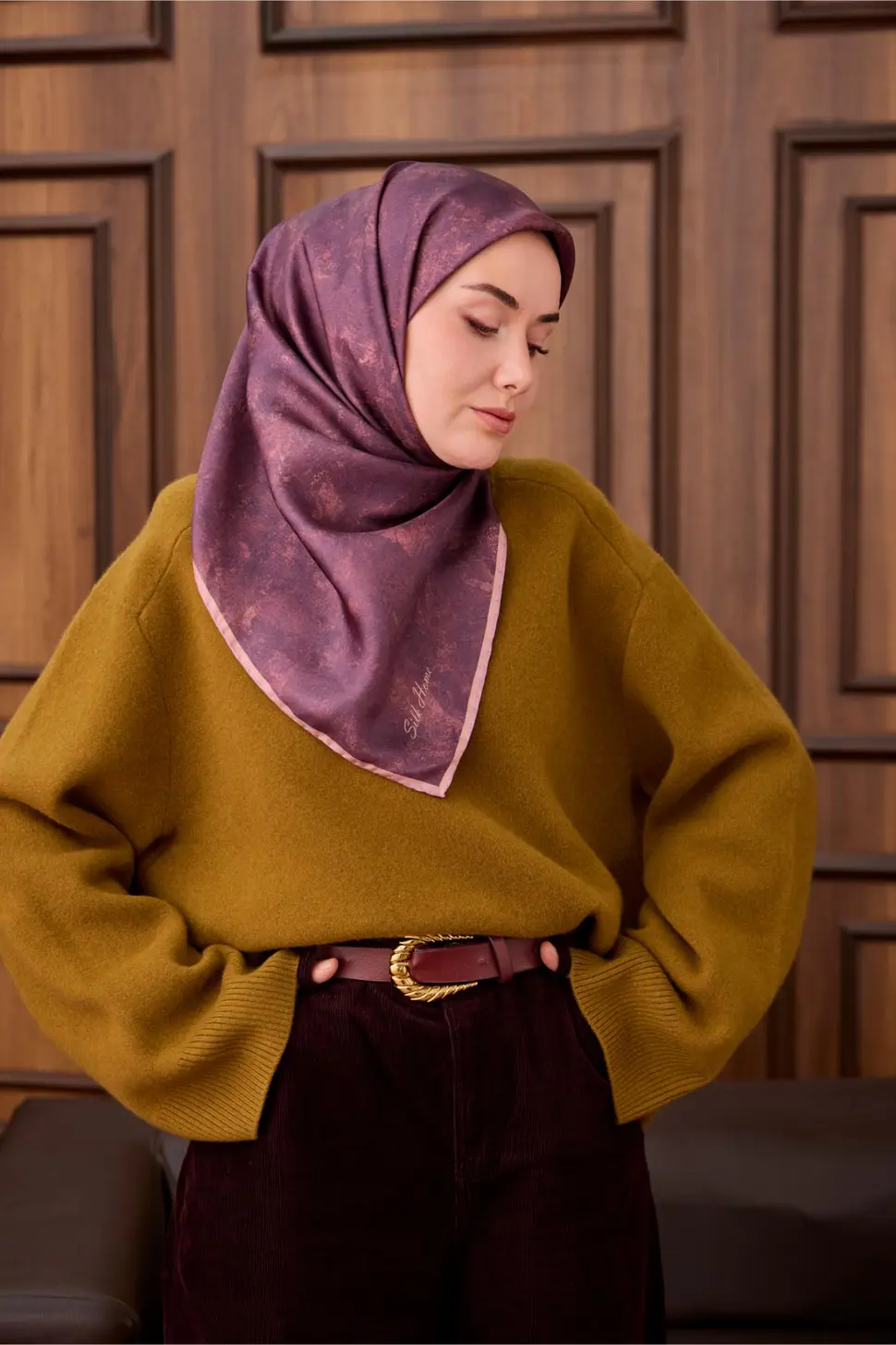 Twill İpek Eşarp 1487-30 Somon, Tosürton, Batik Desen