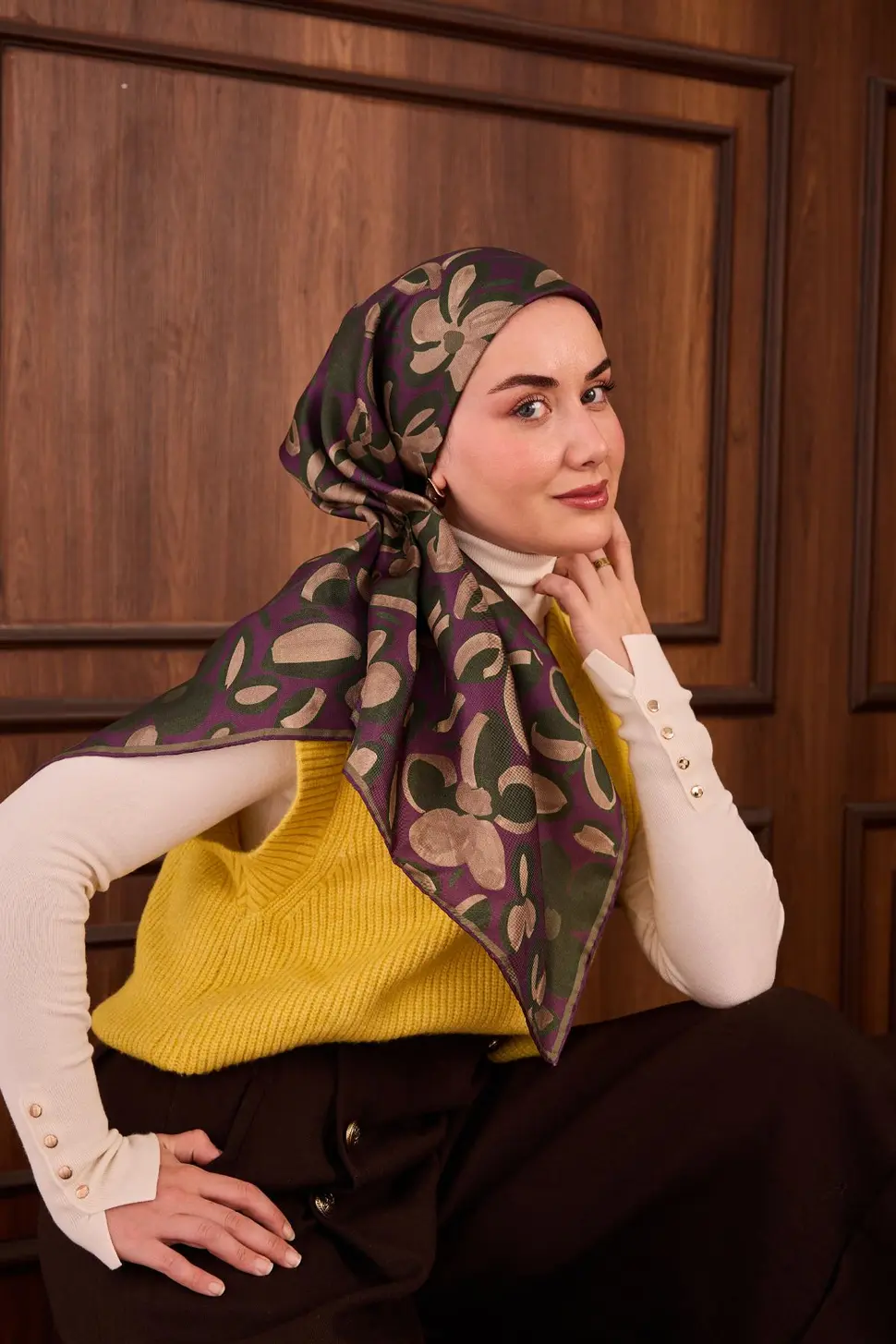 Silk Home Twill İpek Eşarp 11494-12 Erguvan, Yeşil, Vizon