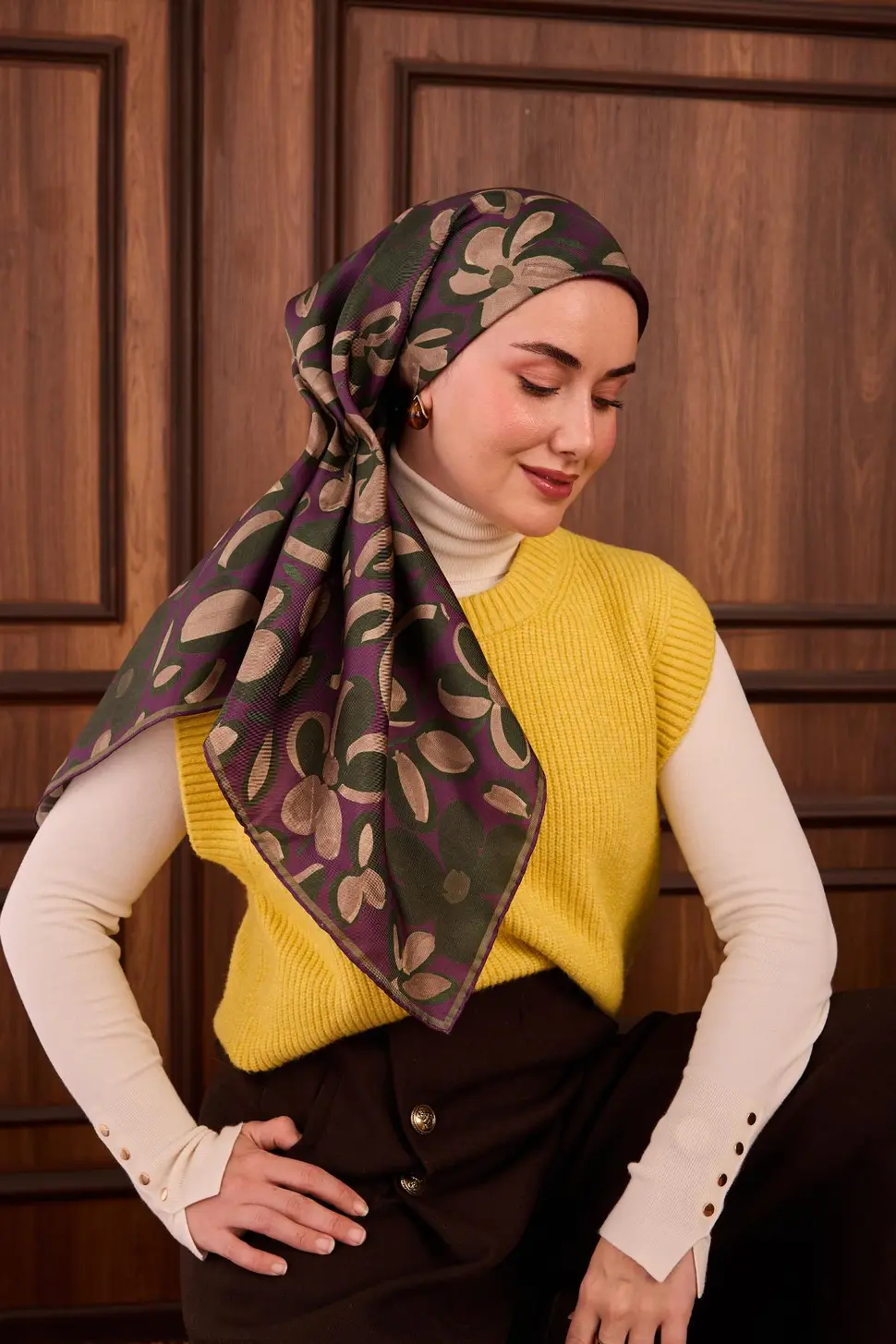 Silk Home Twill İpek Eşarp 11494-12 Erguvan, Yeşil, Vizon