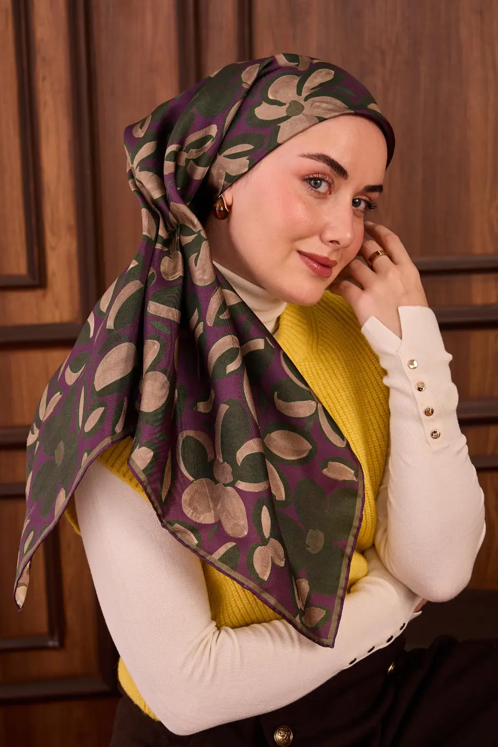 Silk Home Twill İpek Eşarp 11494-12 Erguvan, Yeşil, Vizon