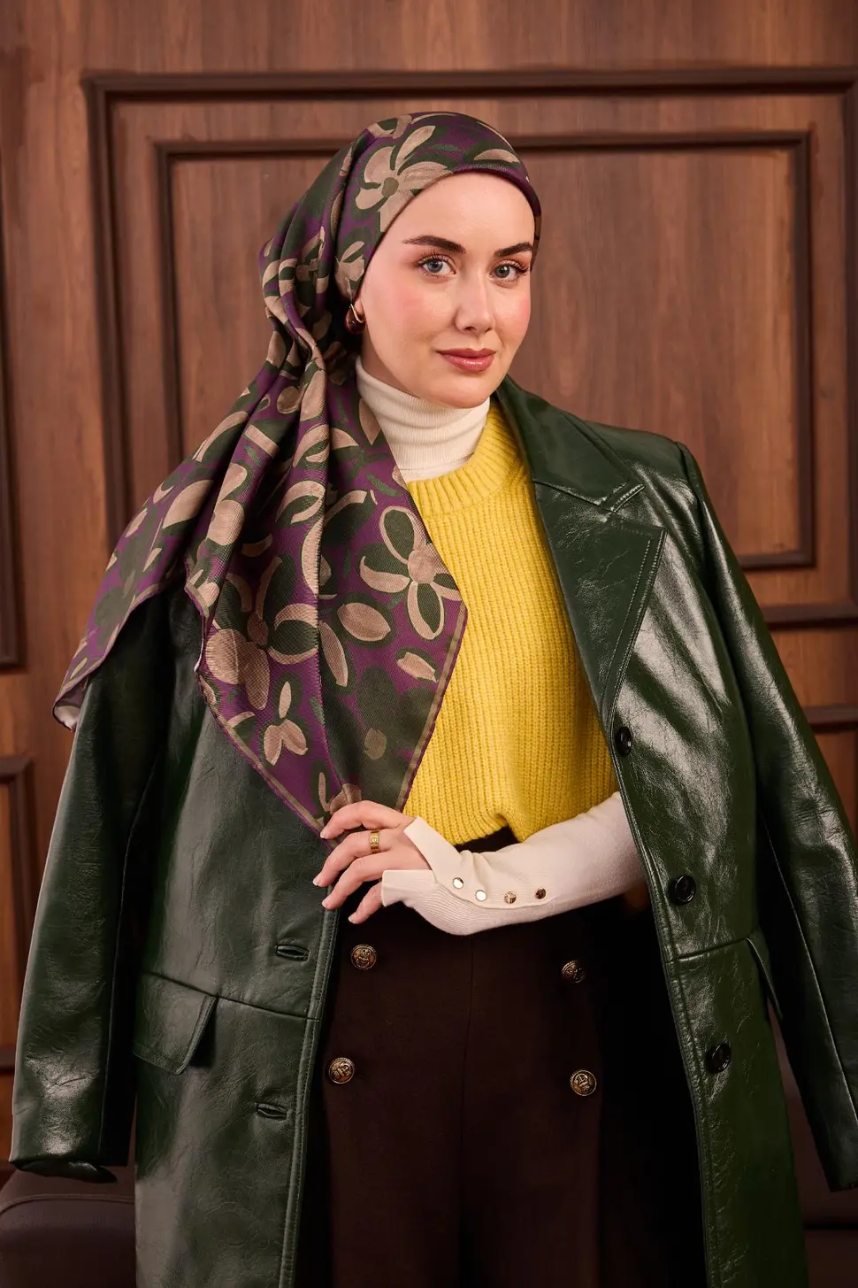Silk Home Twill İpek Eşarp 11494-12 Erguvan, Yeşil, Vizon