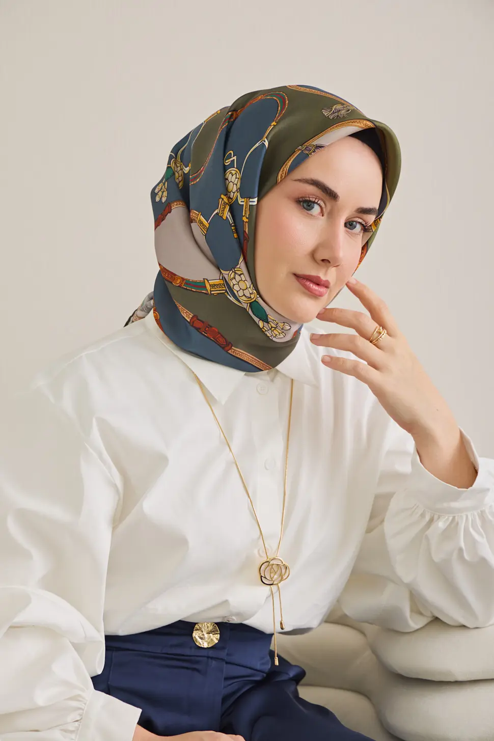 Silk Home Twill İpek Eşarp Kemer Desen İndigo, Yeşil