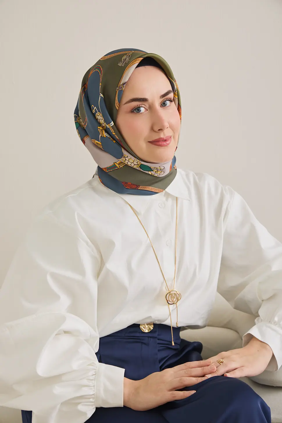 Silk Home Twill İpek Eşarp Kemer Desen İndigo, Yeşil