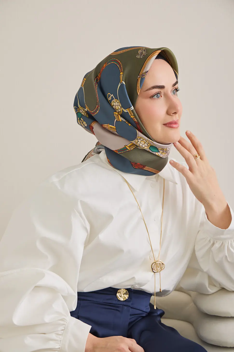 Silk Home Twill İpek Eşarp Kemer Desen İndigo, Yeşil