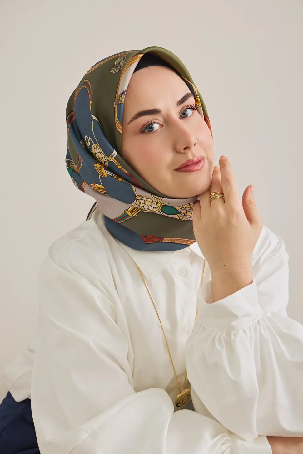 Silk Home Twill İpek Eşarp Kemer Desen İndigo, Yeşil
