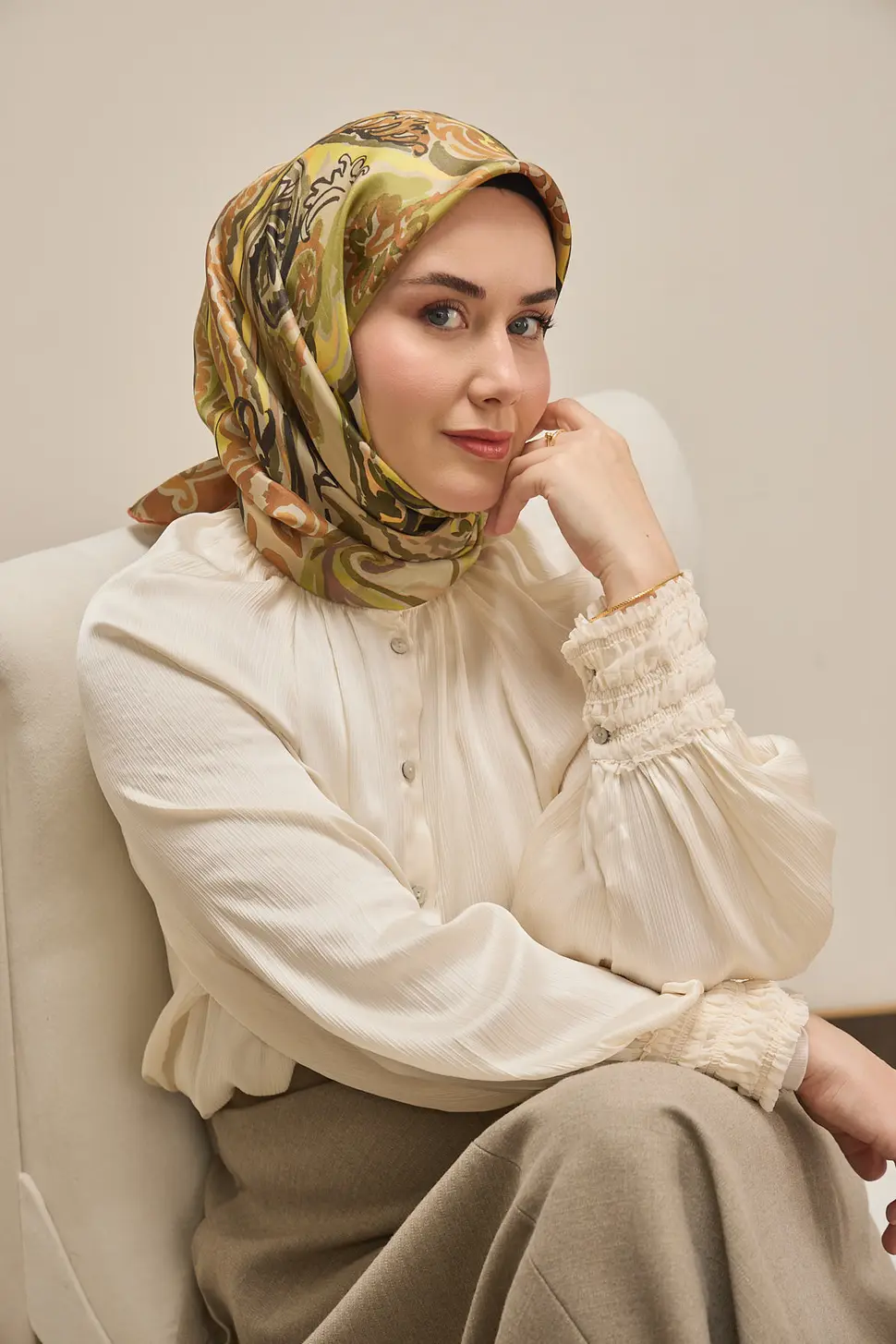 Silk Home Twill İpek Eşarp 11512-28 Yeşil, Sarı, Art Desen