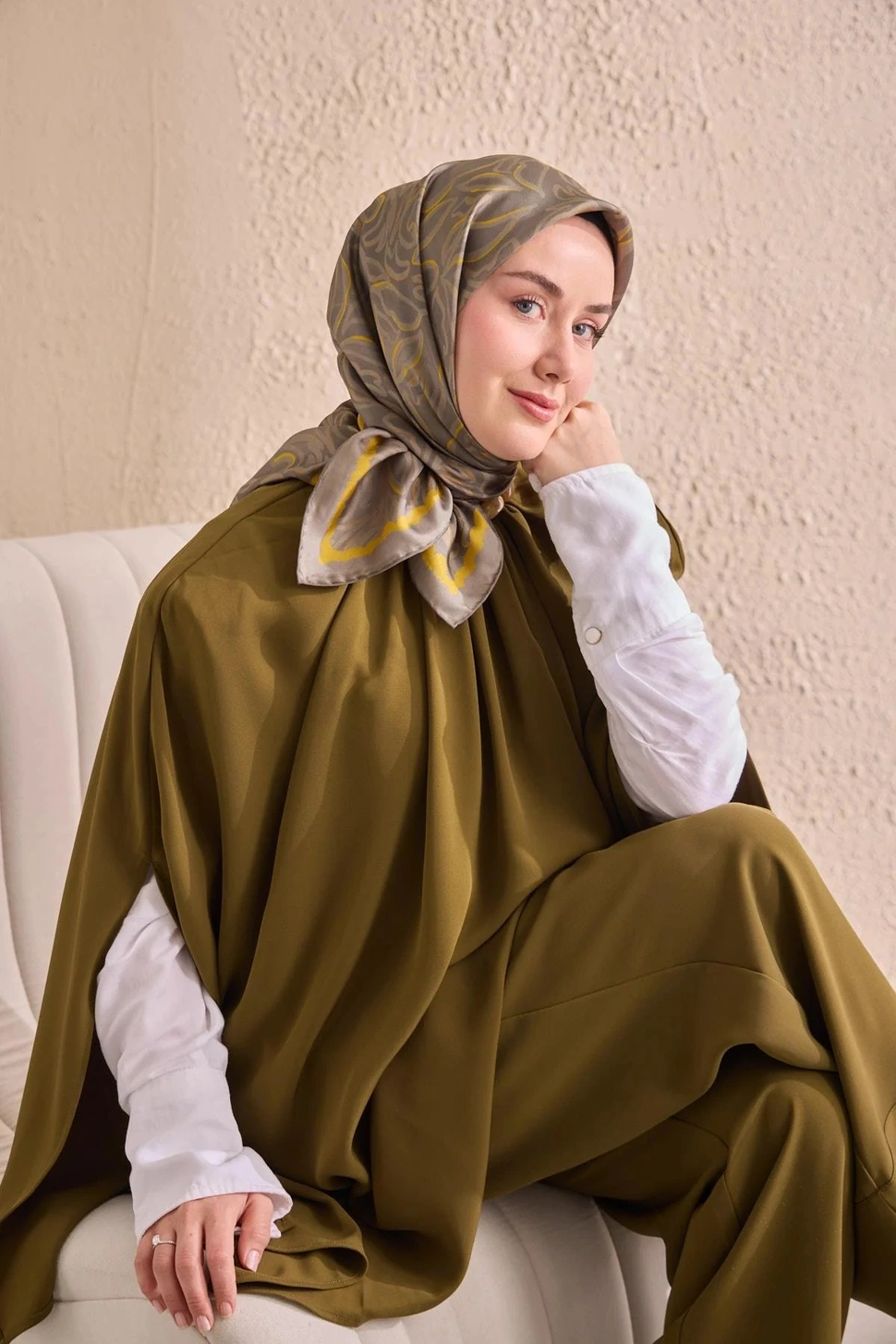 Silk Home Twill İpek Eşarp 11522-10 Yeşil Gri, Sarı, Gri
