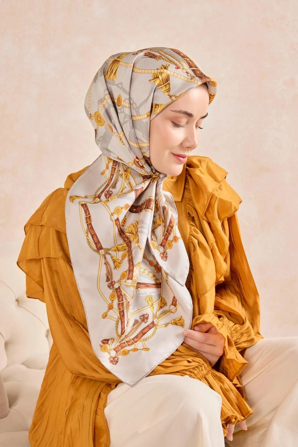 Silk Home Twill İpek Eşarp 11530-03 Gümüş, Kahverengi, Sarı