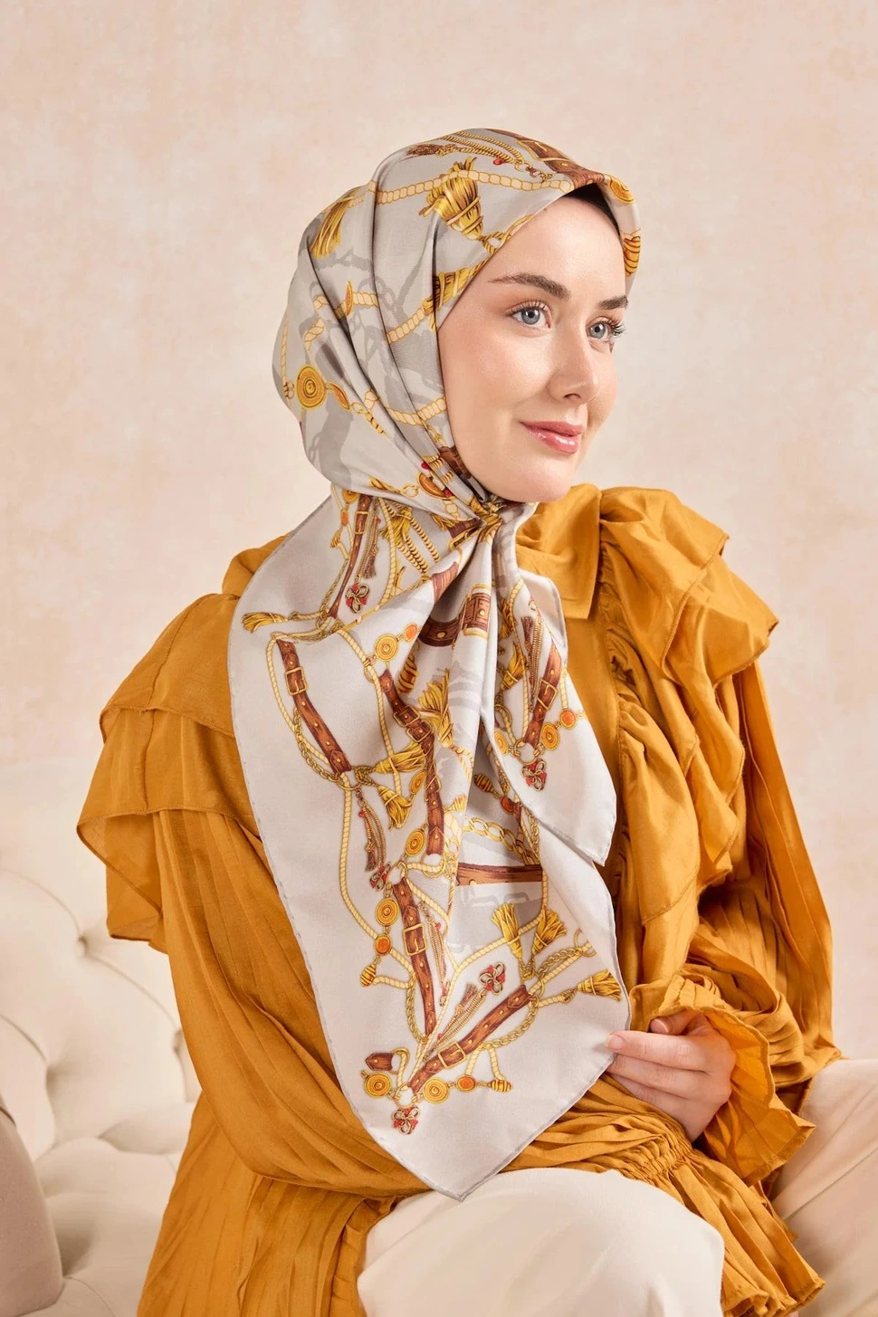 Silk Home Twill İpek Eşarp 11530-03 Gümüş, Kahverengi, Sarı