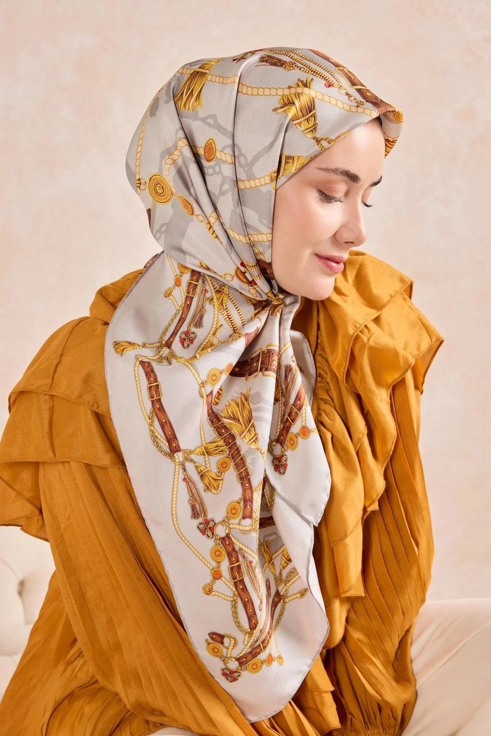 Silk Home Twill İpek Eşarp 11530-03 Gümüş, Kahverengi, Sarı