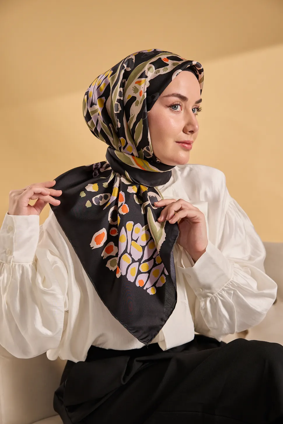 Silk Home Twill İpek Eşarp 11531-02 Siyah, Haki Yeşil
