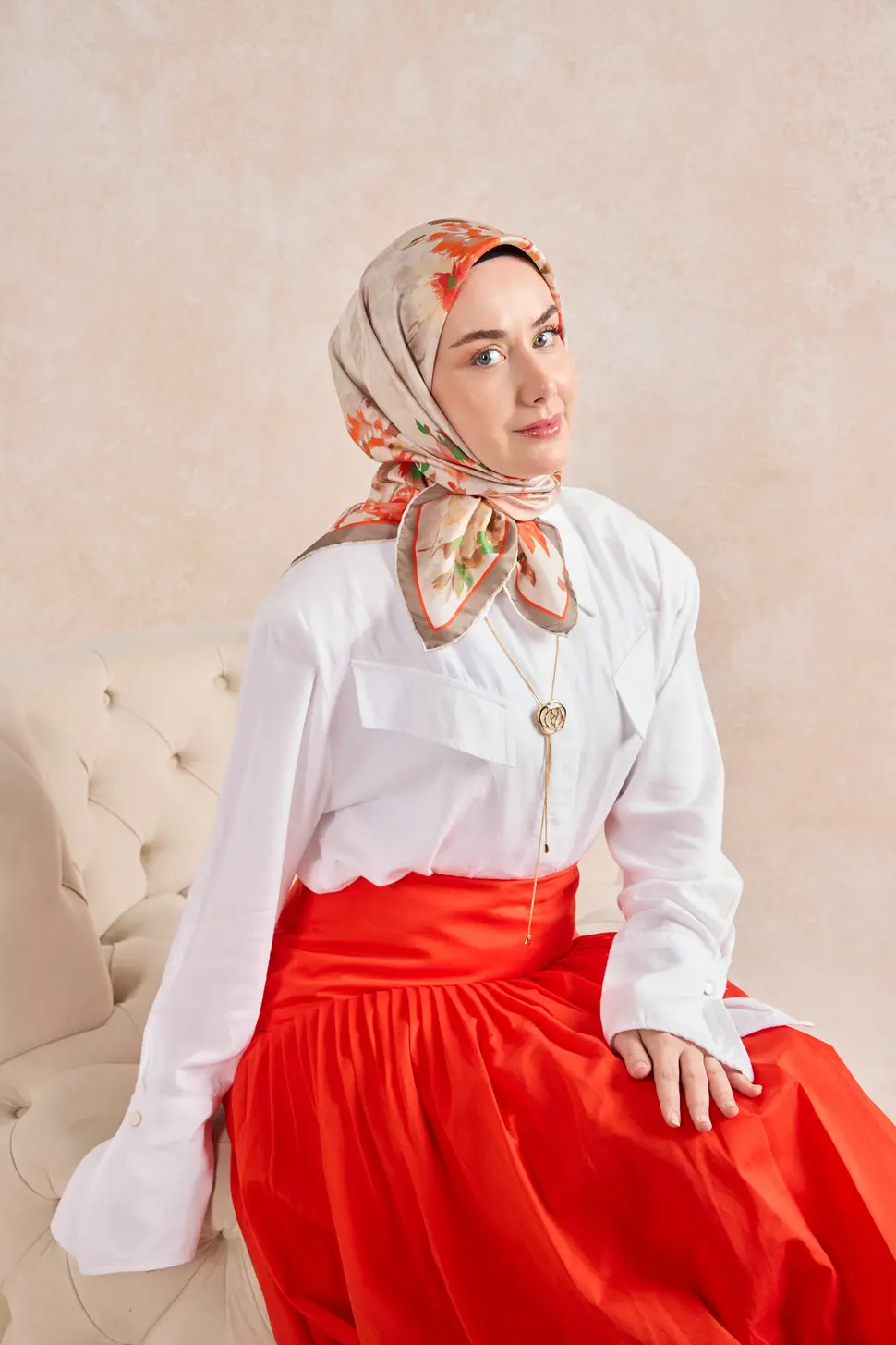 Silk Home Twill İpek Eşarp 11534-13 Kırmızı, Vizon, Turuncu