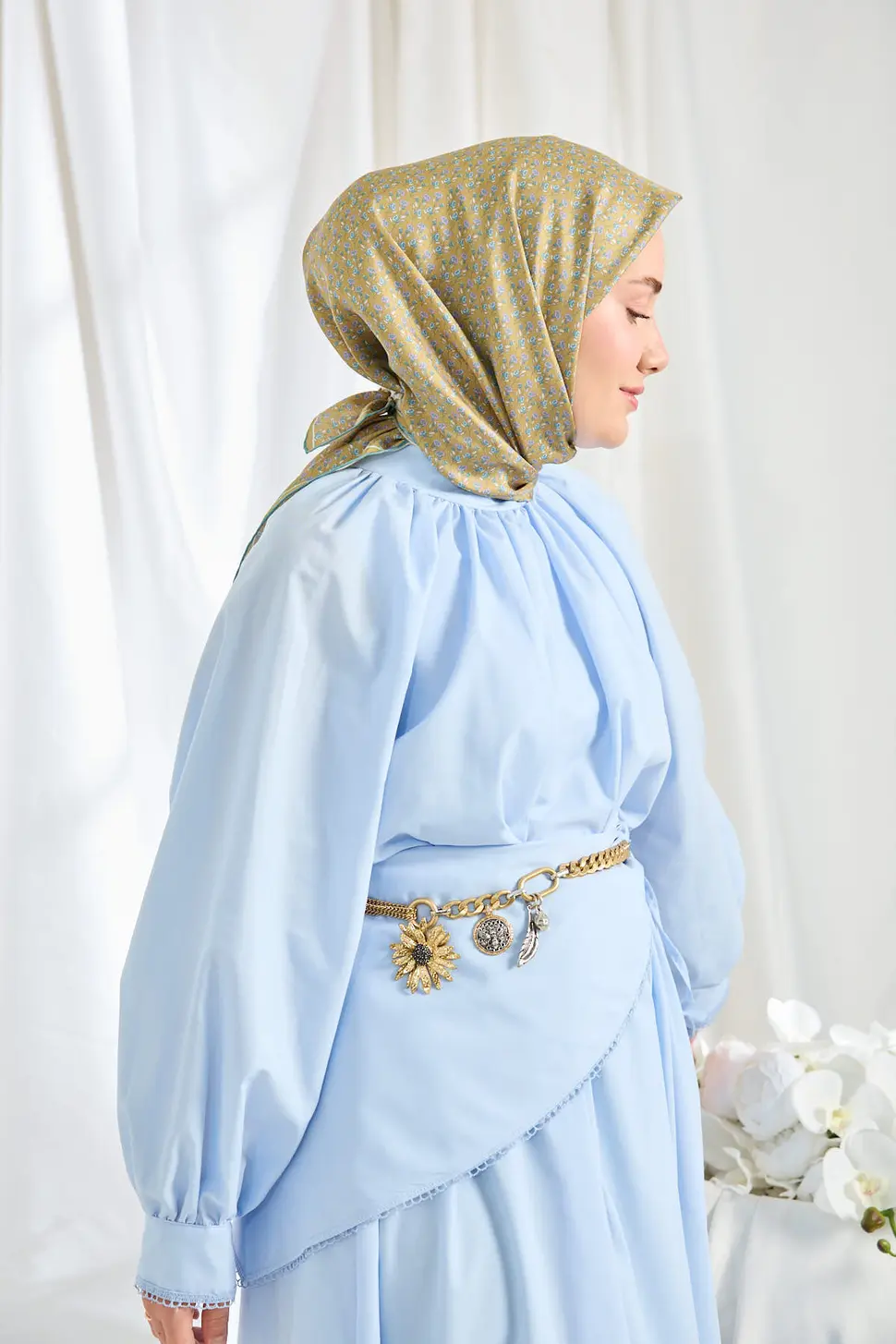Silk Home Twill İpek Eşarp Mini Bouquet Yağ Yeşili