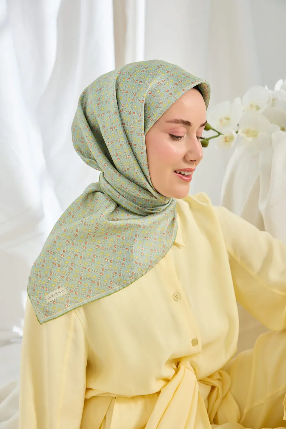 Silk Home Twill İpek Eşarp Mini Bouquet Mint Yeşil