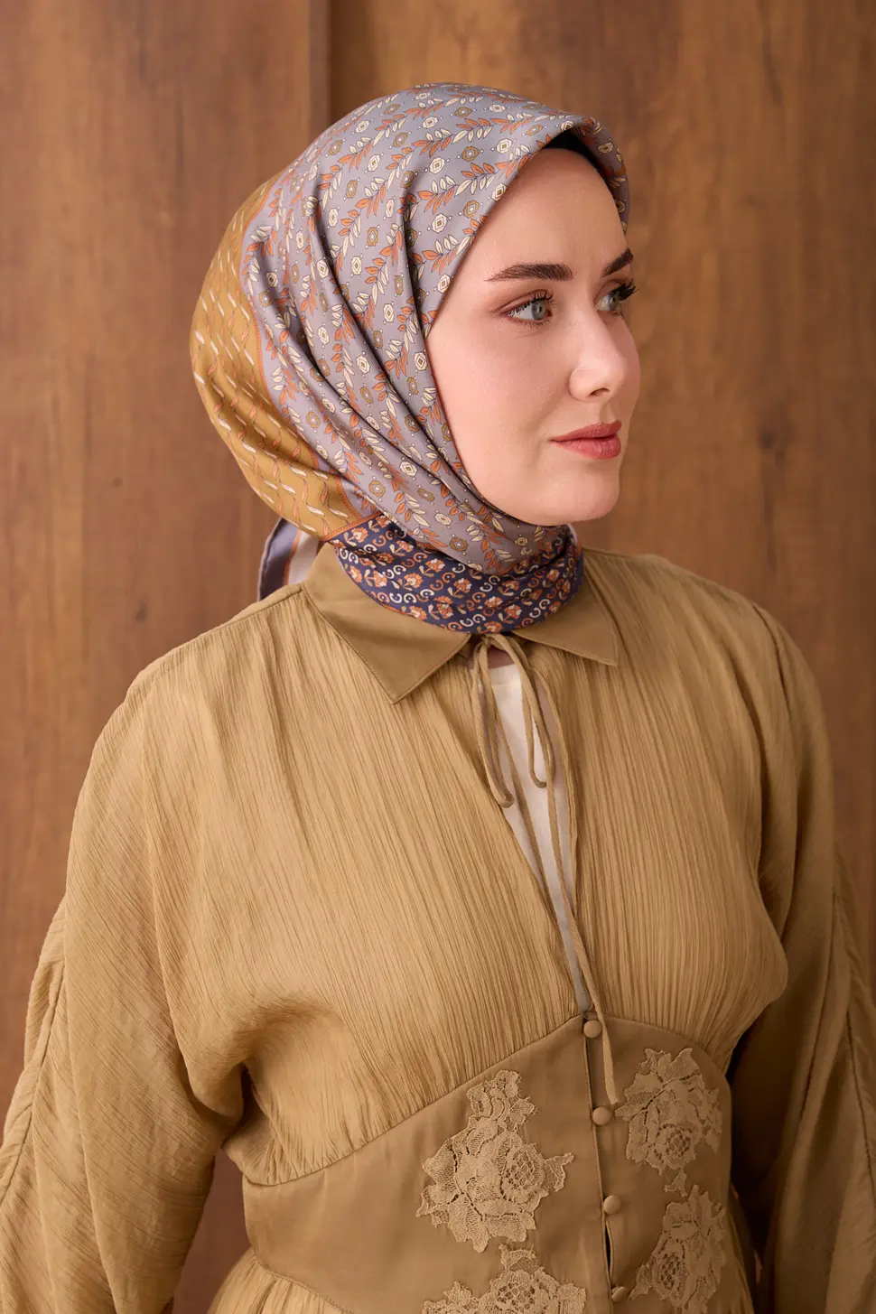Silk Home Twill İpek Eşarp Mihenk Yeşil Kahve
