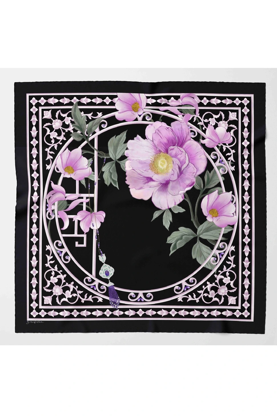 Zerafetim Twill İpek Eşarp Saray Gülü, Siyah, Pembe, Mor