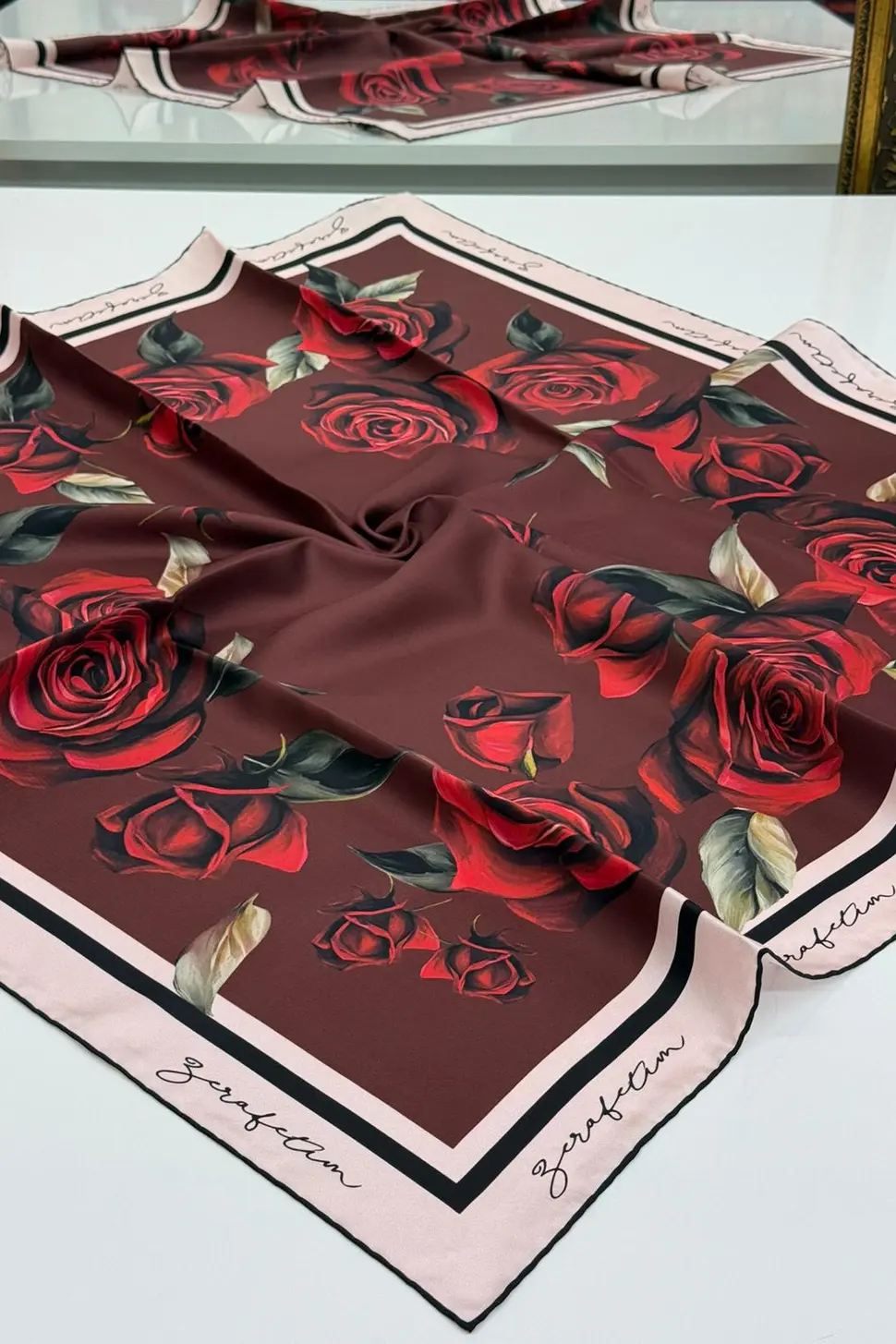 Zerafetim Twill İpek Eşarp Bordo, Kırmızı, Pudra Pembe