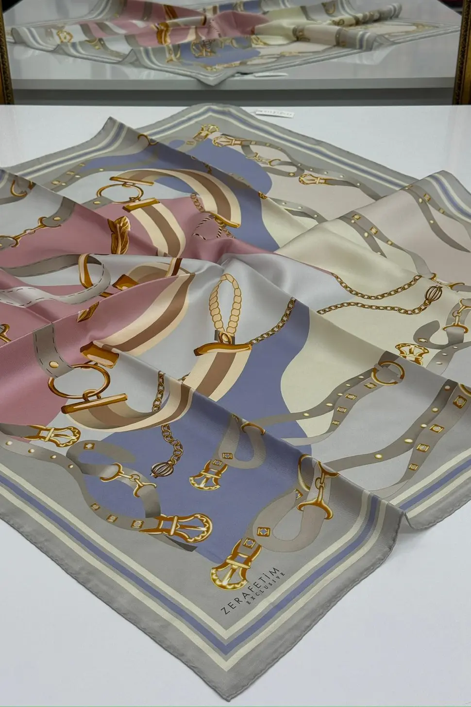 Zerafetim Exclusive Twill İpek Eşarp Gri, Pembe, Açık Lila, Nişan Desen