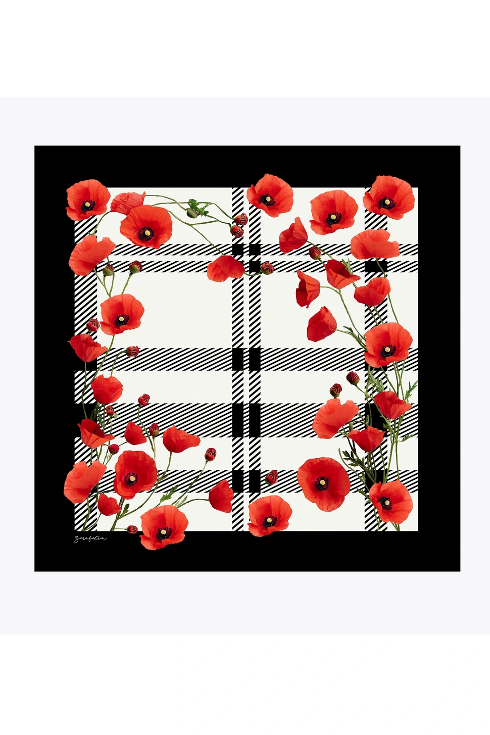 Zerafetim Twill İpek Eşarp Siyah Ekose Gelincik Detaylı
