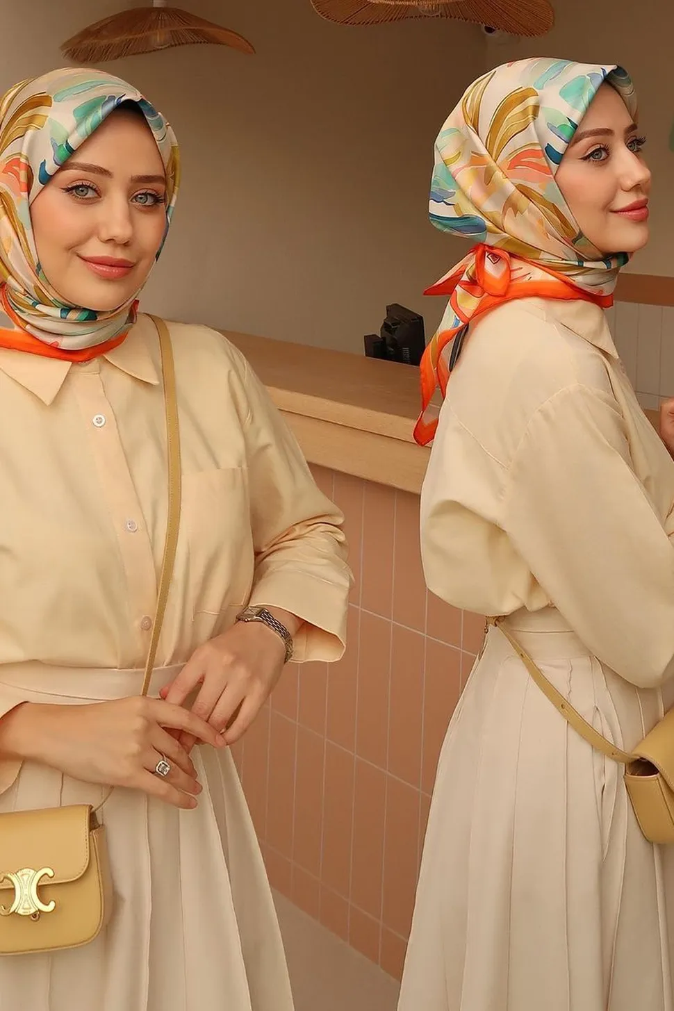 Belli Twill İpek Eşarp Krem, Turuncu, Mavi