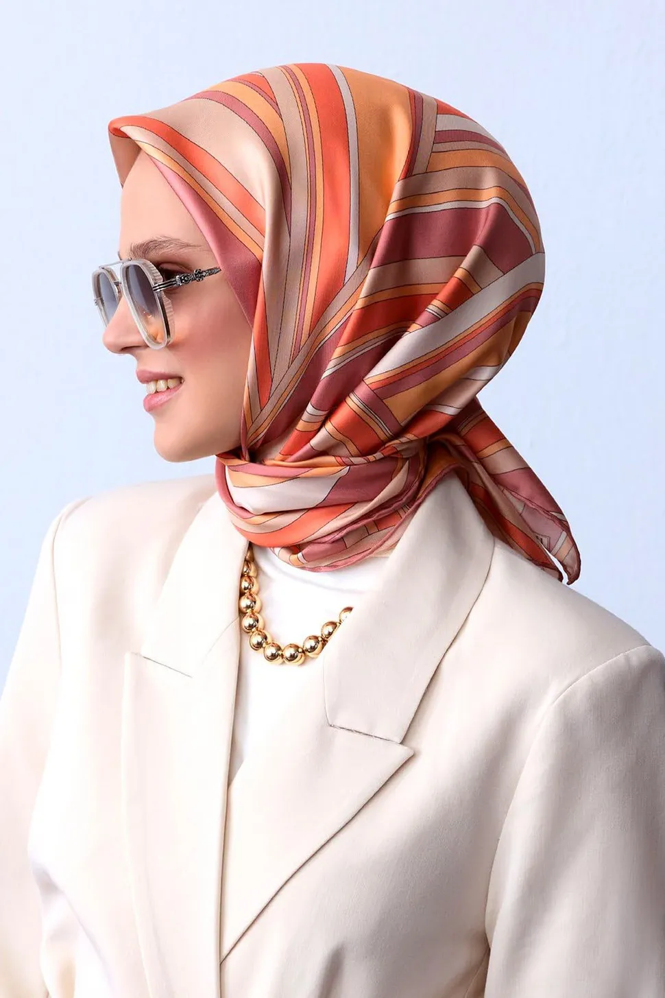 Belli Twill İpek Eşarp 4311-33 Turuncu, Krem, Koyu Pudra