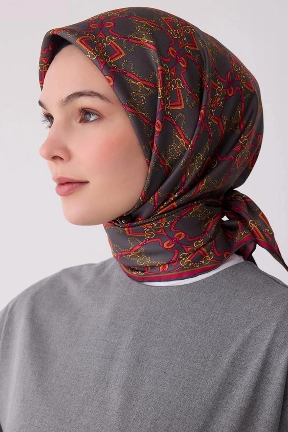 Belli Twill İpek Eşarp Füme, Fuşya, Alev Turuncu 4328-05