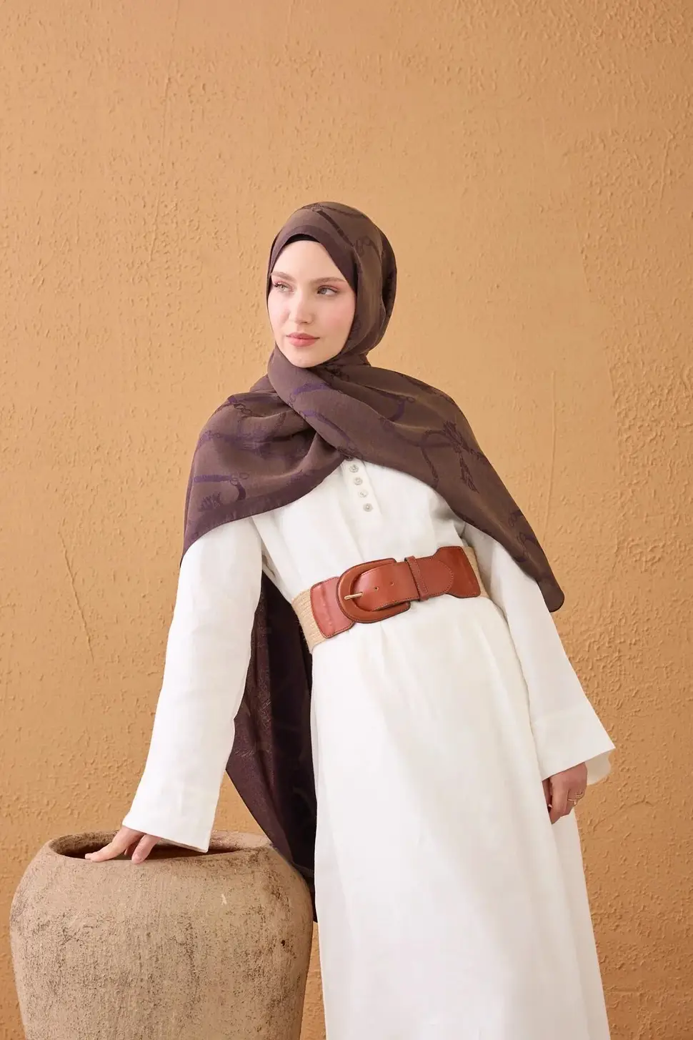 Silk Home Naia Pamuk İpek Şal Halat Kahve Mor