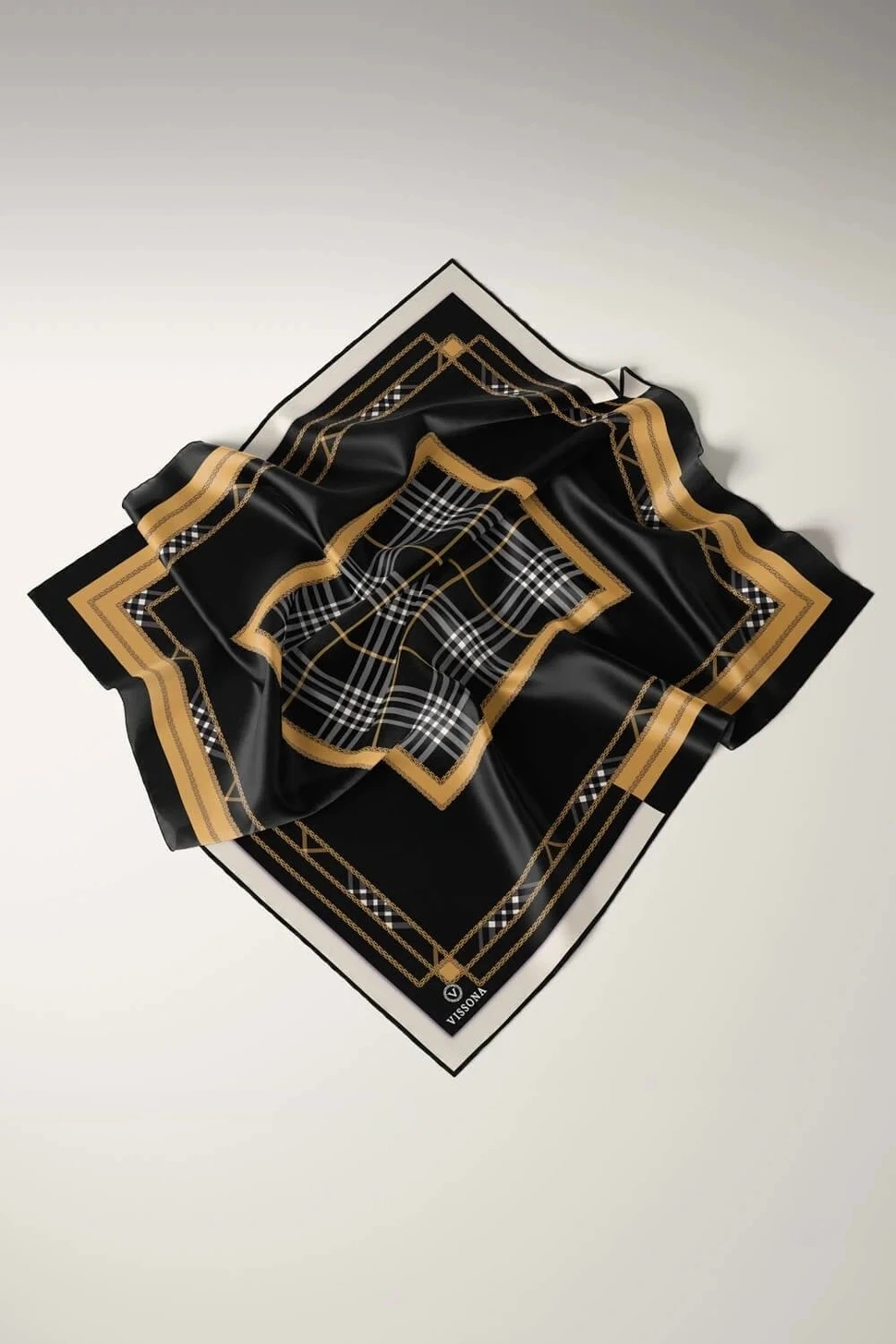 Vissona Twill İpek Eşarp Siyah, Gold, Krem, Ekose Desenli