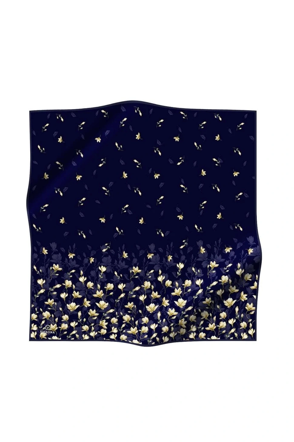 Vissona Twill İpek Eşarp Lacivert, Çiçek Desenli