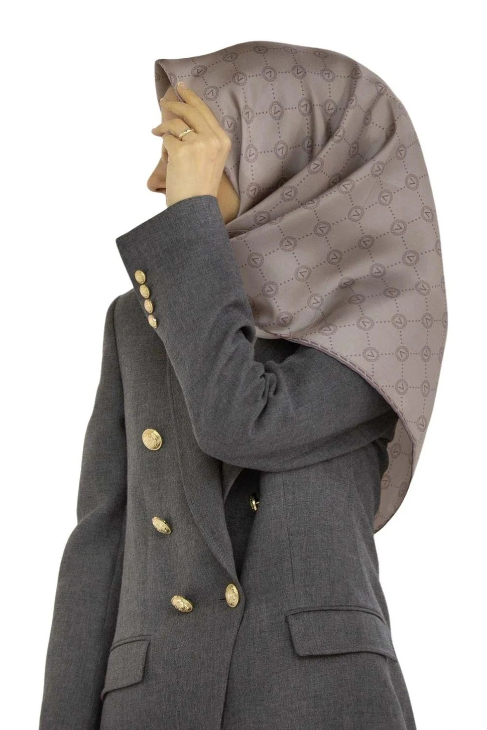 Vissona Twill İpek Eşarp Taş, Gri Monogram Desenli