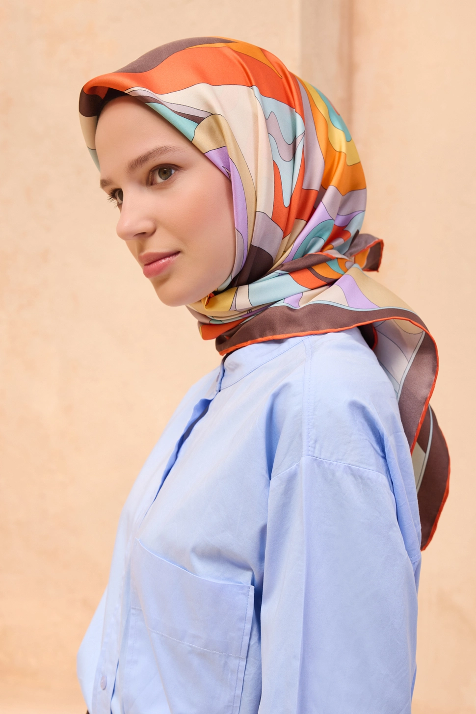 Belli Twill İpek Eşarp Kahverengi, Turuncu, Kiremit, Su Yeşili