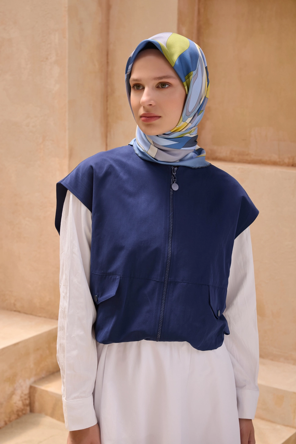 Belli Twill İpek Eşarp İndigo, Yağ Yeşili, Sarı