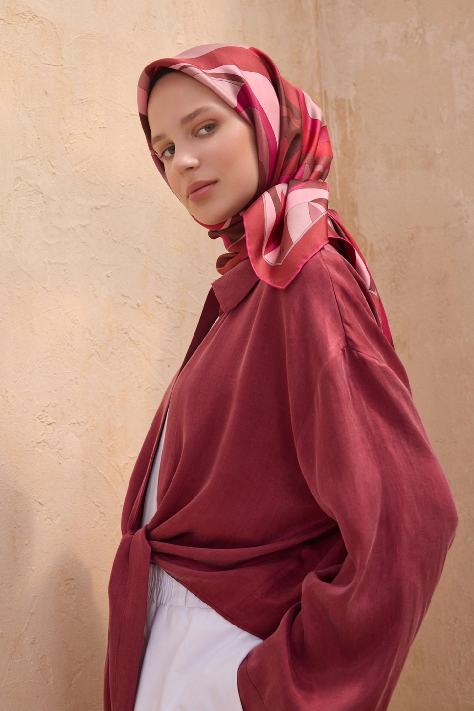 Belli Twill İpek Eşarp Bordo, Kırmızı, Fuşya, Pudra