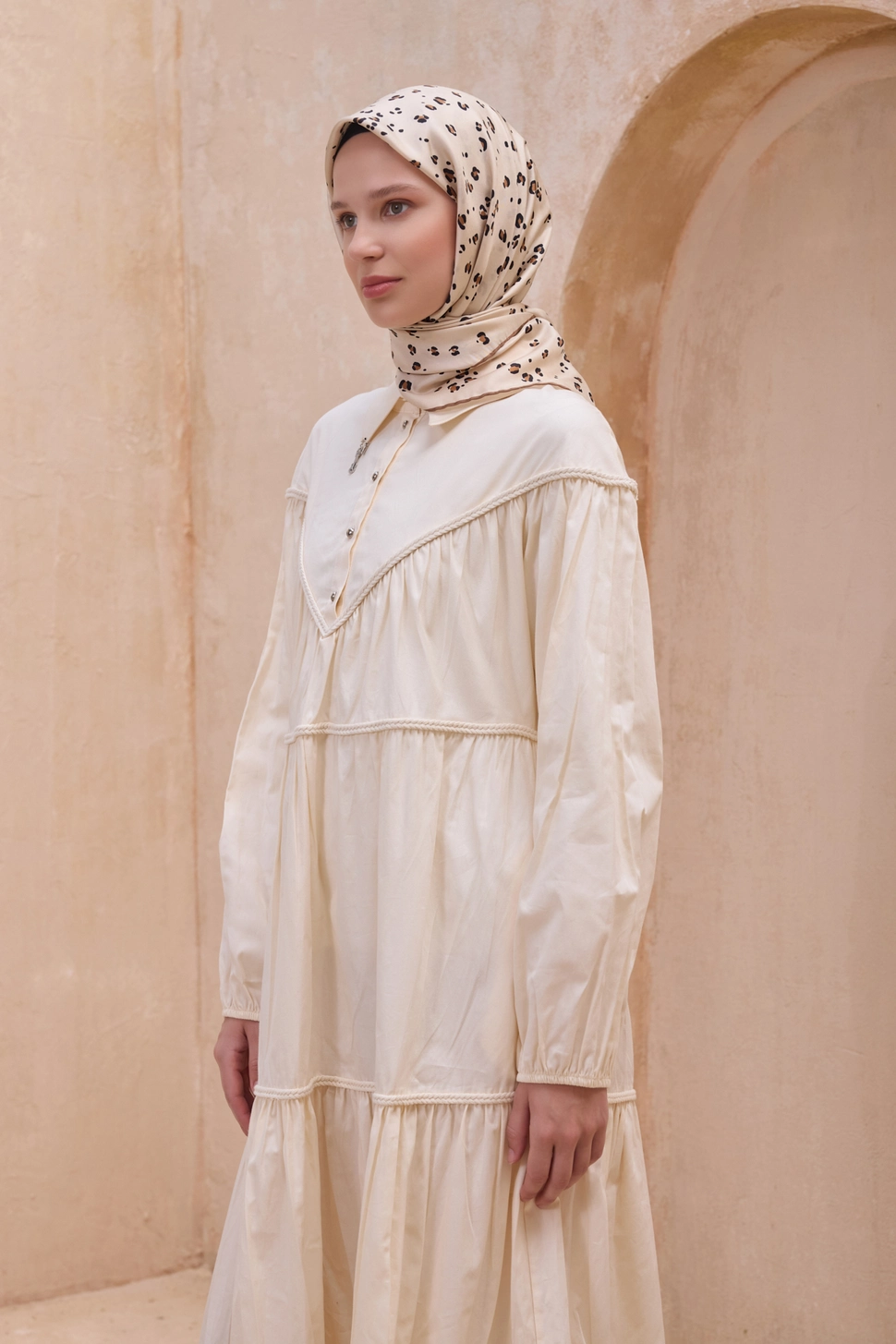 Belli Twill İpek Eşarp Leopar, Krem