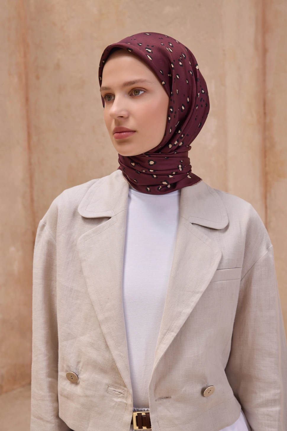 Belli Twill İpek Eşarp Leopar, Bordo