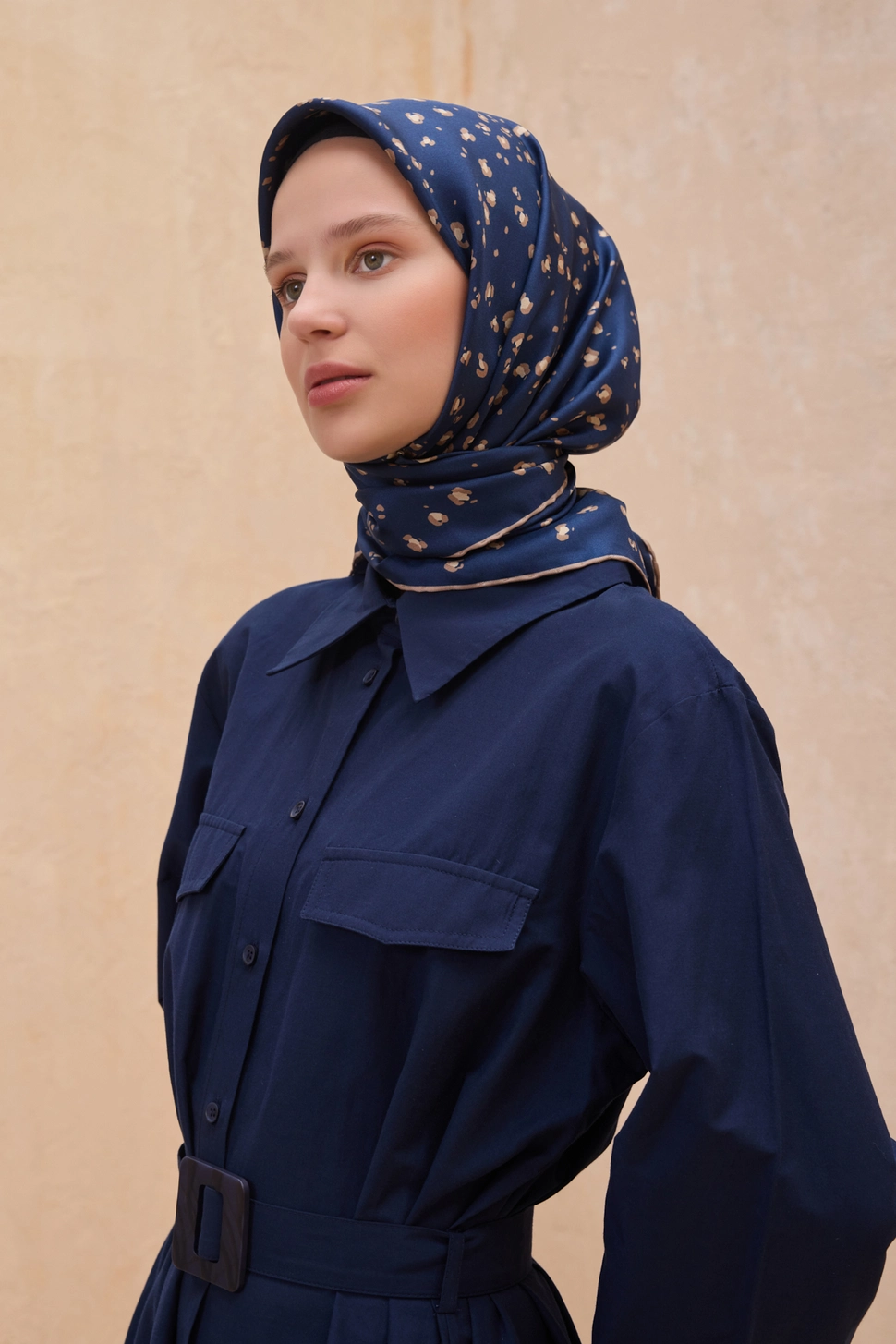 Belli Twill İpek Eşarp Leopar, Lacivert