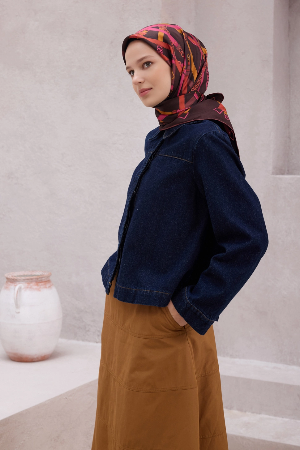 Belli Twill İpek Eşarp Kahverengi, Pembe