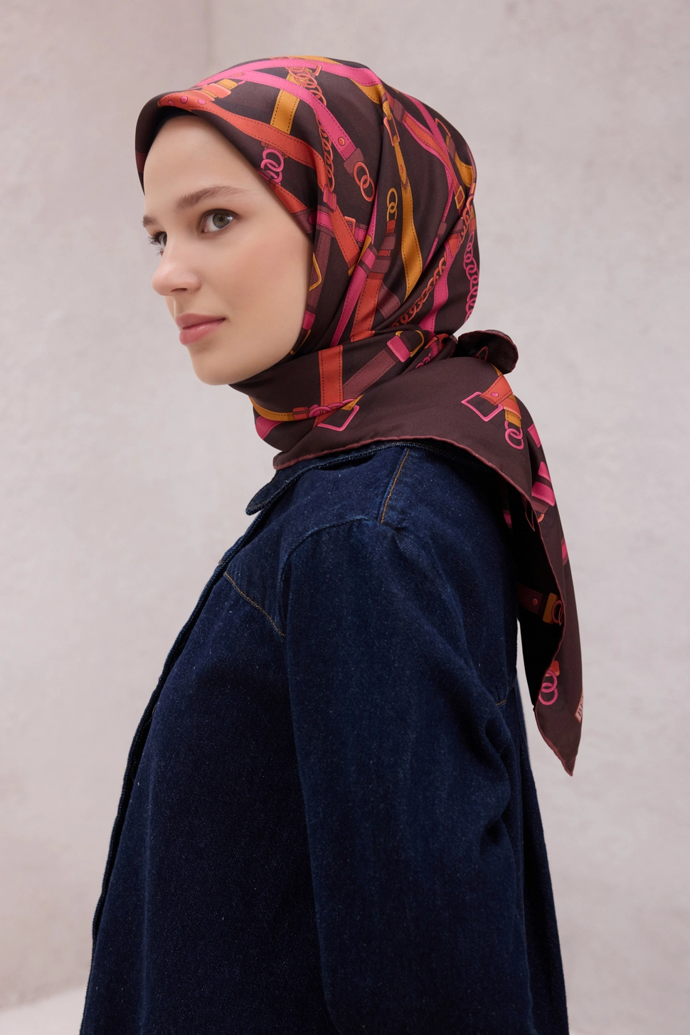 Belli Twill İpek Eşarp Kahverengi, Pembe