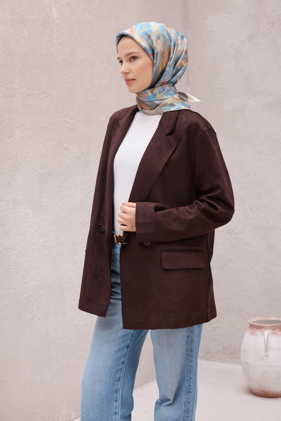 Belli Twill İpek Eşarp Mavi, Krem