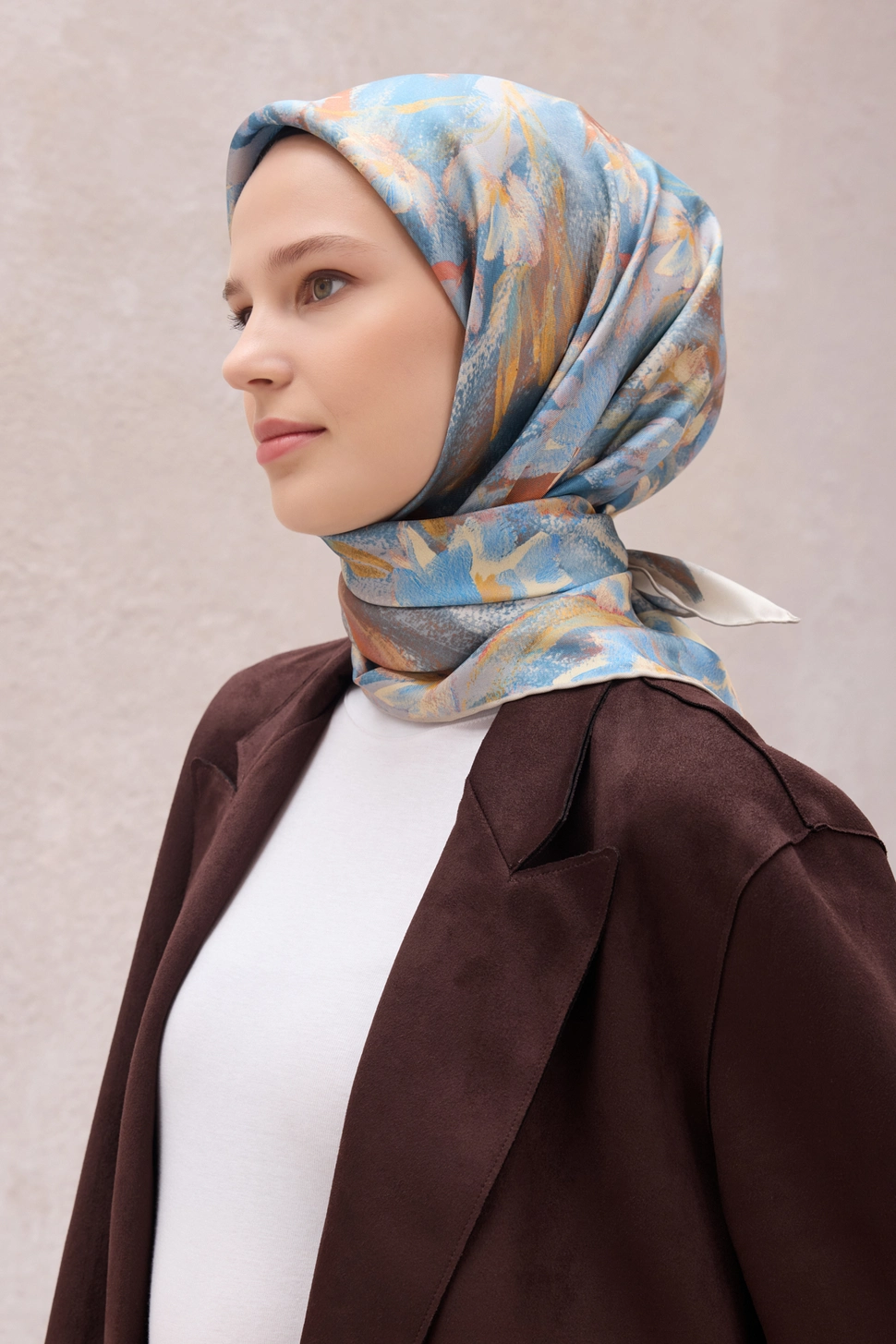 Belli Twill İpek Eşarp Mavi, Krem