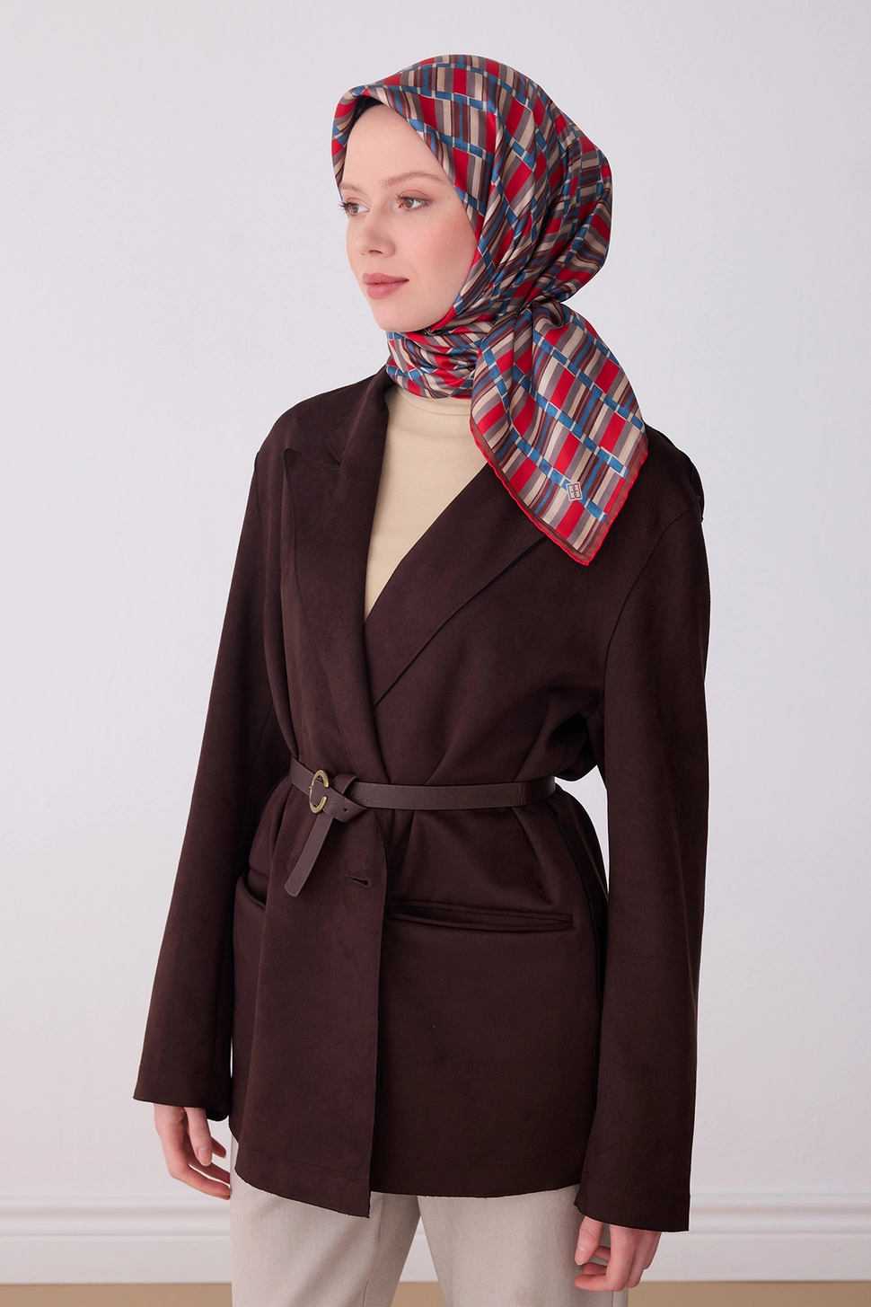 Belli Twill İpek Eşarp Kırmızı, Kahverengi, İndigo