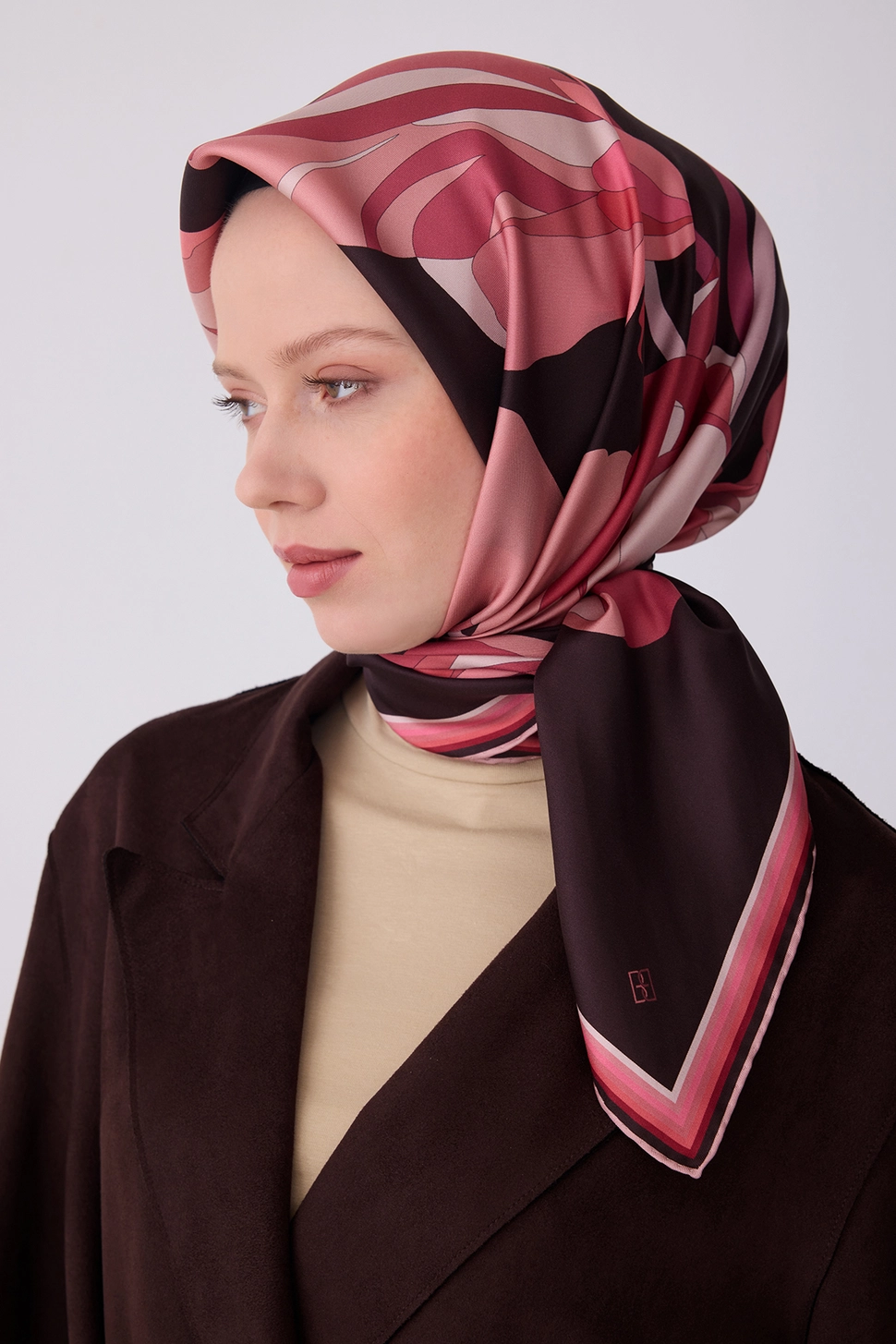 Belli Twill İpek Eşarp Acı Kahve, Pembe