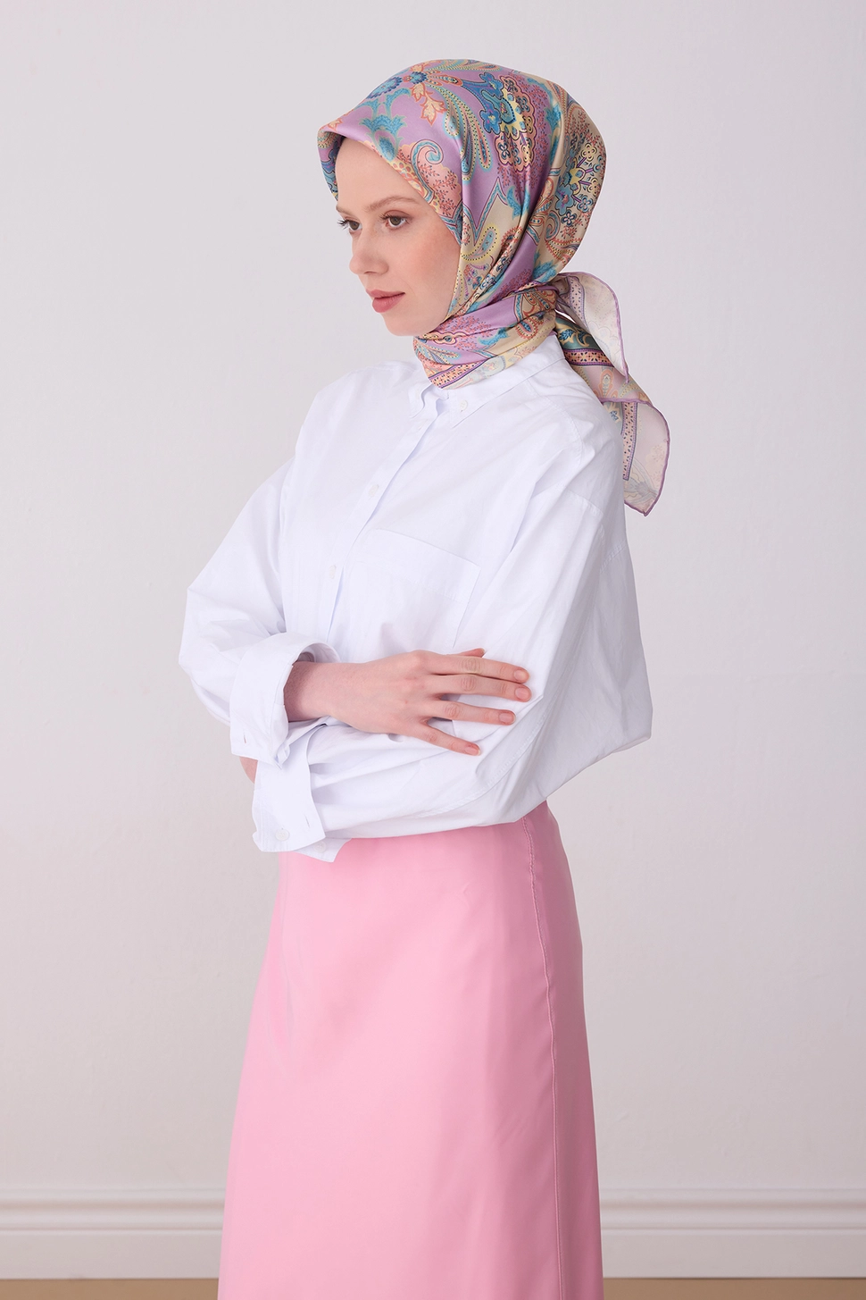 Belli Twill İpek Eşarp Lila, Krem
