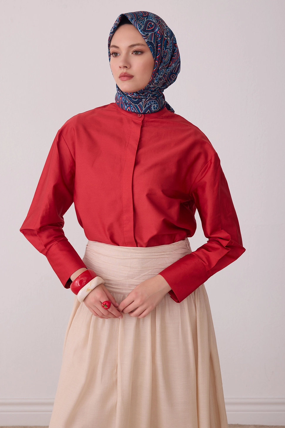 Belli Twill İpek Eşarp Mavi, Kırmızı, Lacivert