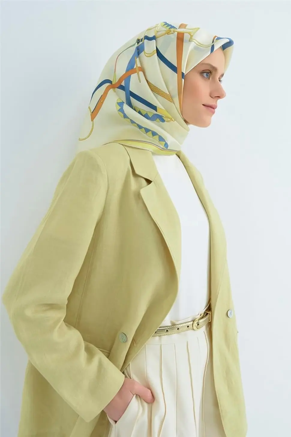 Armine Twill İpek Eşarp Krem Sarı Mavi