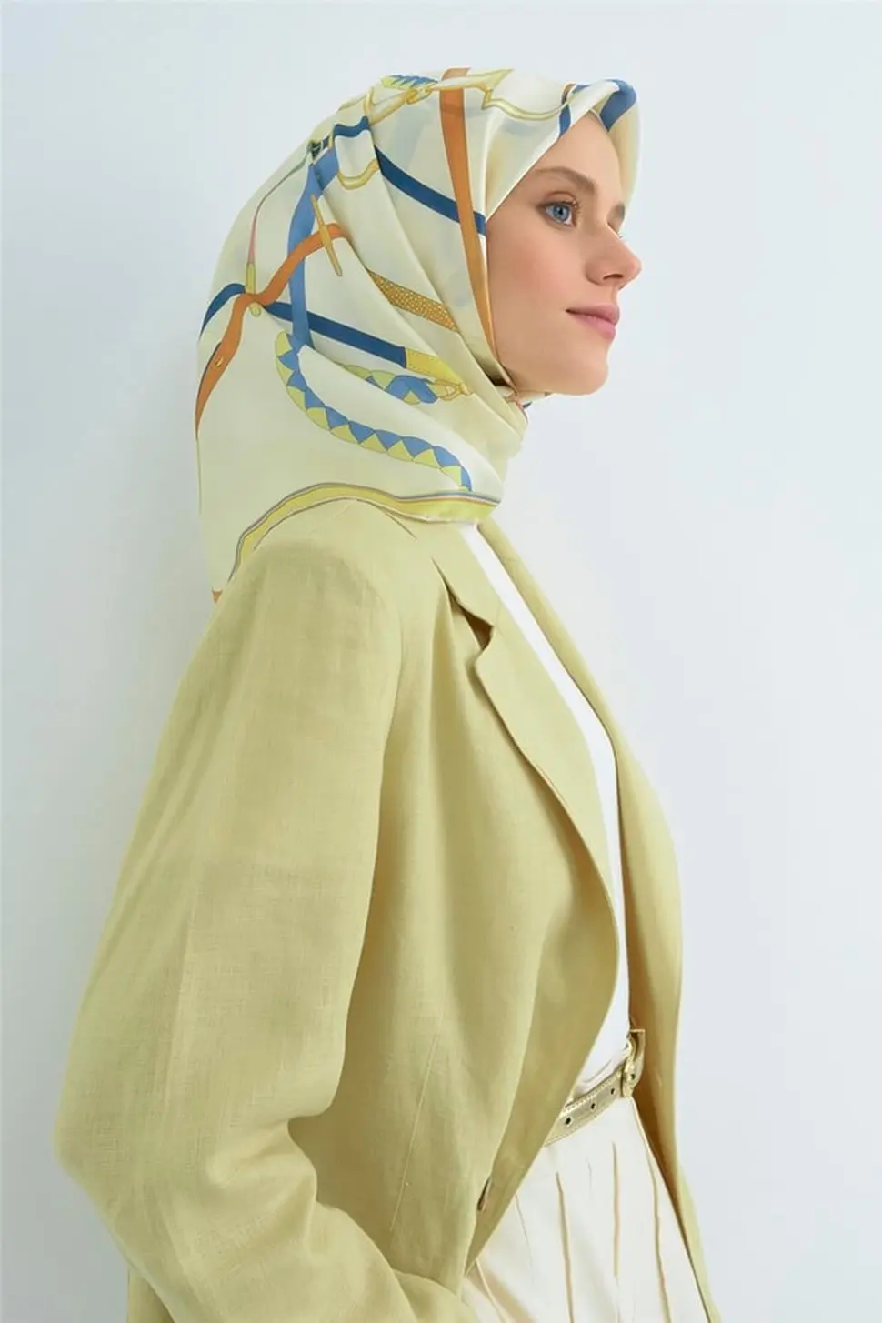 Armine Twill İpek Eşarp Krem Sarı Mavi