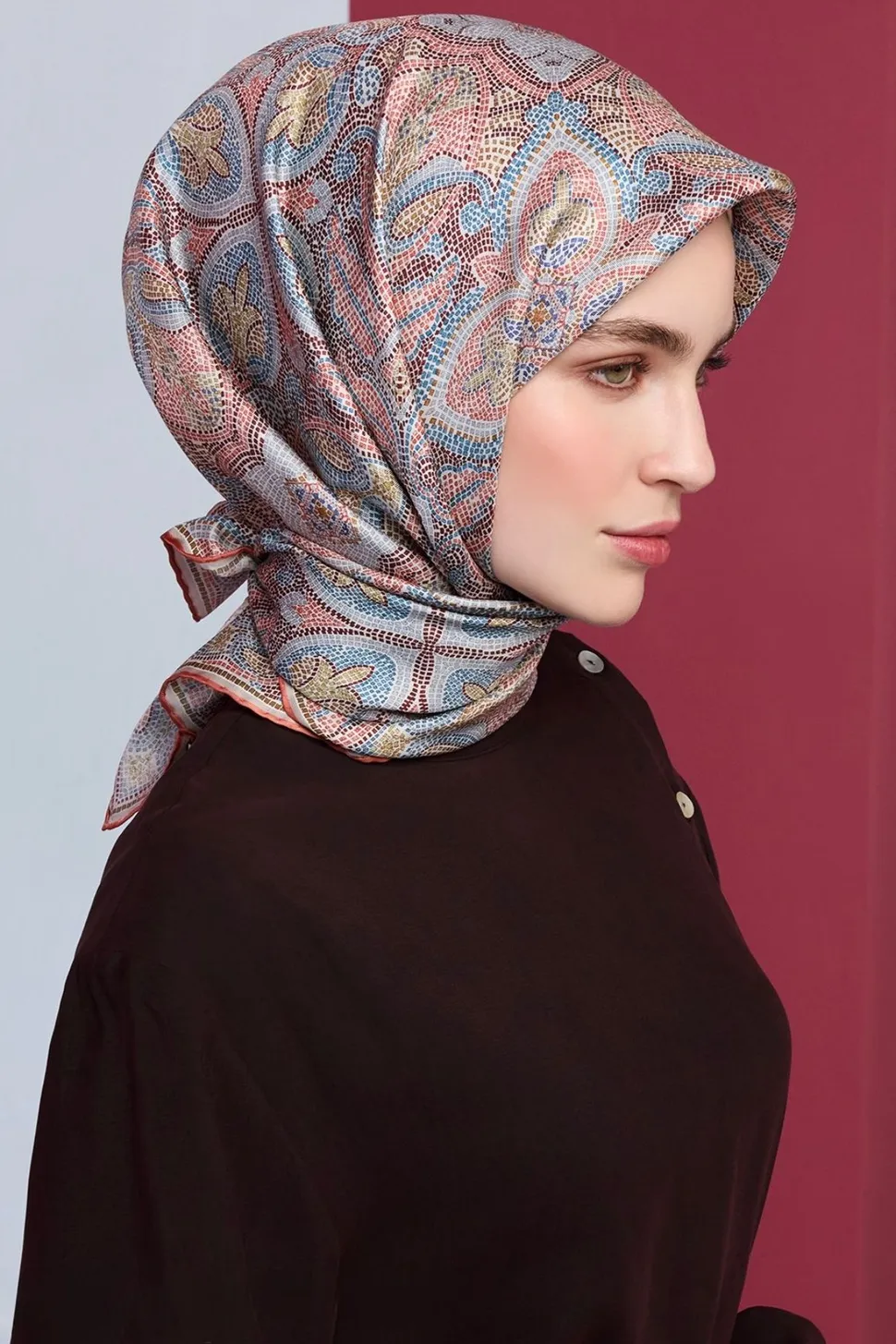 Armine Sura İpek Eşarp 9540-s36 Etnik Mozaik Desenli Çok Renkli