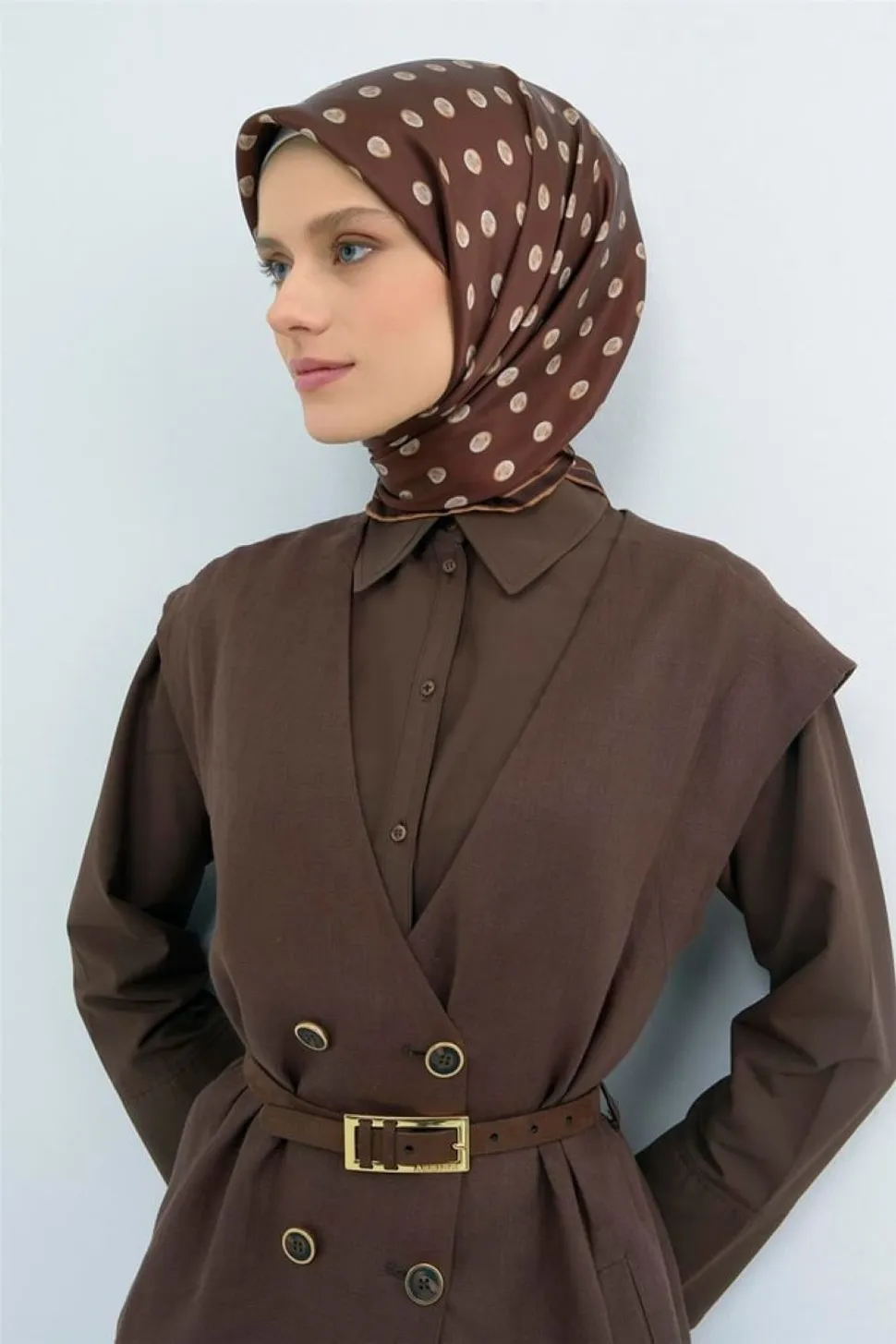 Armine Twill İpek Eşarp Kahverengi, Puantiyeli